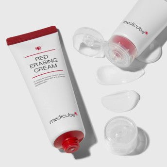 medicube Red Erasing Cream 50ml with soft white cream swatches highlighting hyperpigmentation reduction care