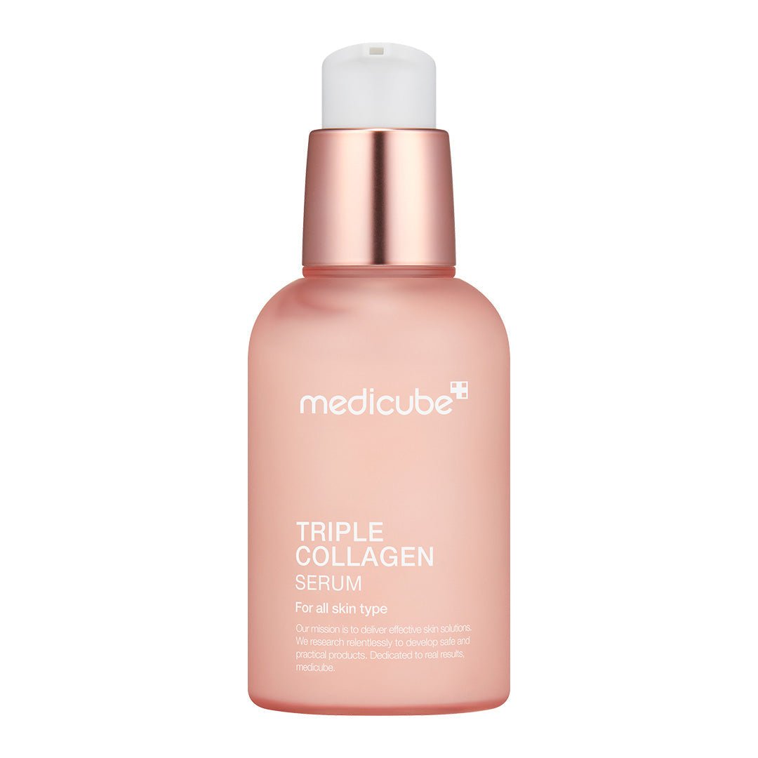 medicube Triple Collagen Serum 4.0 55ml in pink frosted bottle with rose gold pump for enhanced suppleness care