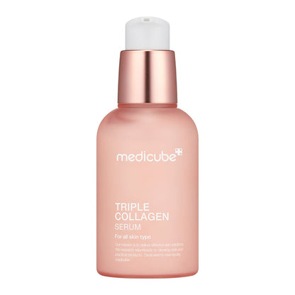 medicube Triple Collagen Serum 4.0 55ml in matte pink bottle with rose gold pump, boosting enhanced skin suppleness