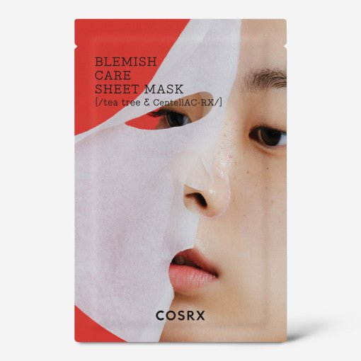 Red and white packaging of blemish care sheet mask with close-up of face showing calming skincare effect