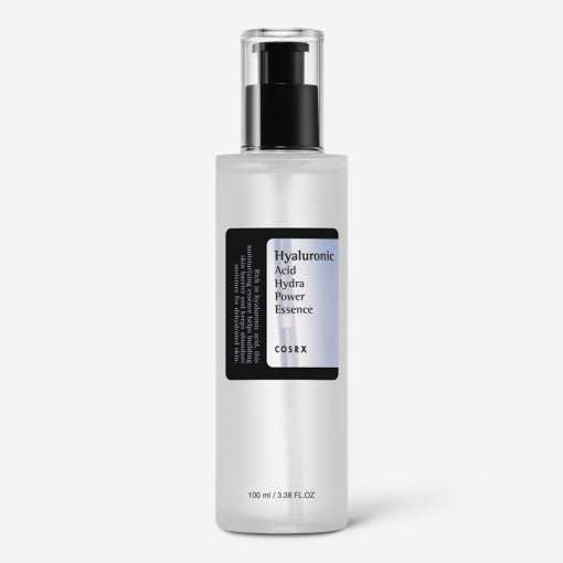 Frosted bottle of hydrating essence with black pump and label highlighting intensive hydration benefits