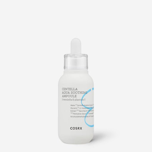 Frosted glass dropper bottle of hydrating Centella aqua soothing ampoule with minimal blue design on white background