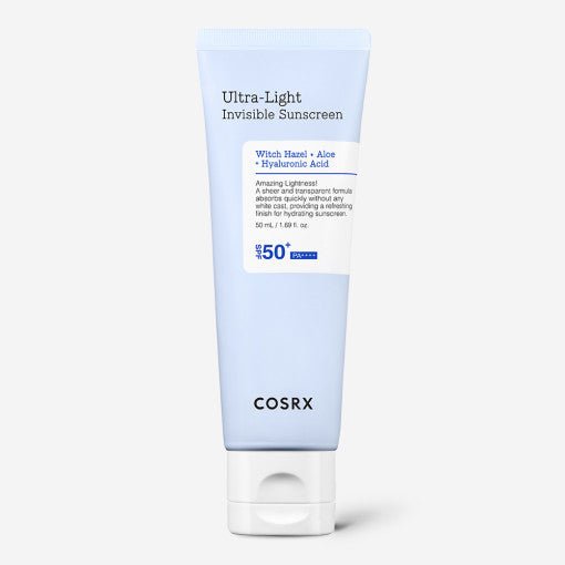 Light blue tube of broad protection sunscreen with hyaluronic acid and aloe ingredients on plain white background