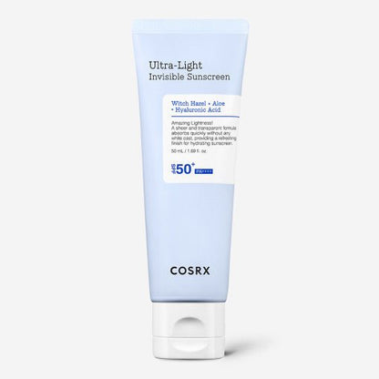 Light blue tube of broad protection sunscreen with hyaluronic acid and aloe ingredients on plain white background