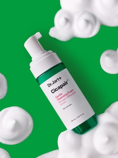 Dr.Jart+ Cicapair Gentle Cleansing Foam 150ml with white pump bottle and soft foam on vibrant green background