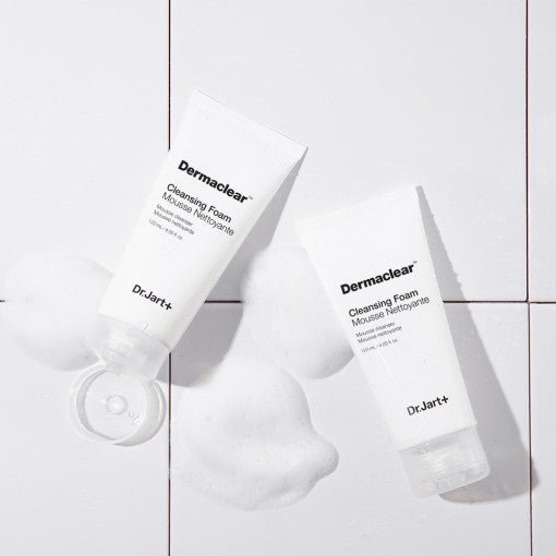 Dr.Jart+ Dermaclear Cleansing Foam 120ml tubes with gentle foam cleanser on white tiled surface for gentle purification