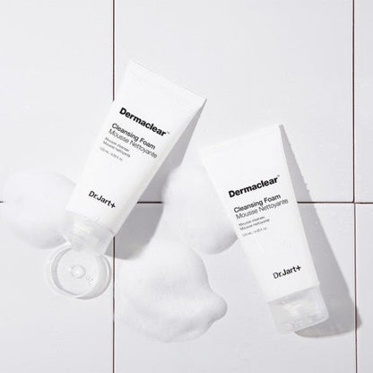 Dr.Jart+ Dermaclear Cleansing Foam 120ml tubes with gentle foam cleanser on white tiled surface for gentle purification