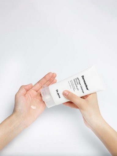 Dr.Jart+ Dermaclear pH Foam Cleanser 120ml being dispensed onto hand with smooth gentle formula for thorough cleansing