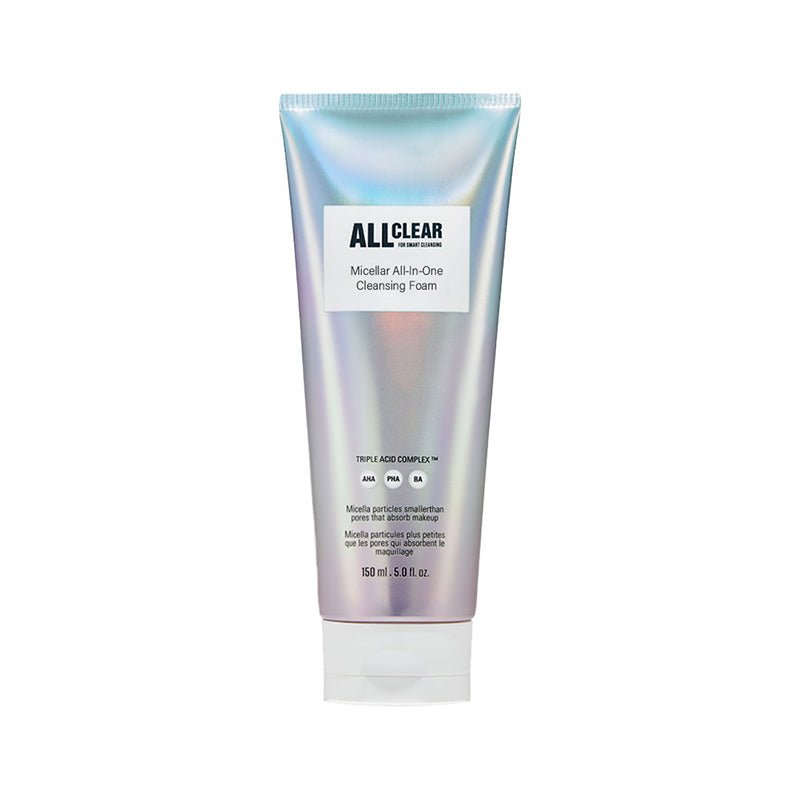 Iridescent tube of gentle cleansing micellar foam with simple black and white label on plain white background