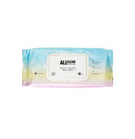 Plastic pack of micellar cleansing water wipes in pastel gradient packaging with resealable white label on front