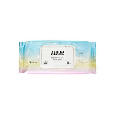 Plastic pack of micellar cleansing water wipes in pastel gradient packaging with resealable white label on front