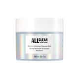 White jar of micellar exfoliating cleansing balm with iridescent label against white background