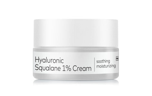 Jar of soothing moisturizing cream labeled Hyaluronic Squalane 1% with clean white minimalist packaging