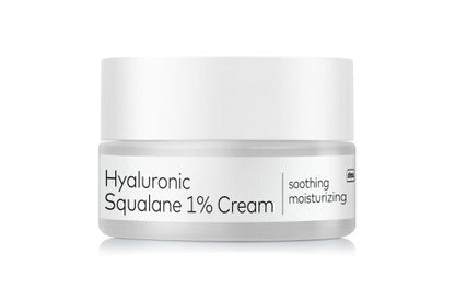 Jar of soothing moisturizing cream labeled Hyaluronic Squalane 1% with clean white minimalist packaging