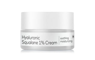 Minimalist white jar labeled Hyaluronic Squalane 1% Cream highlighting soothing and moisturizing properties