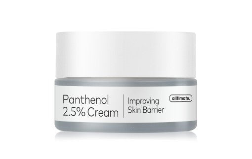 Small jar of moisturizing Panthenol 2.5% cream with label highlighting skin barrier improvement benefits