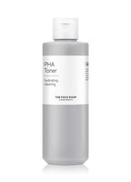Tall gray bottle of hydrating and clearing PHA toner with white label and flip-top cap on white background