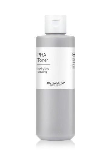 Tall gray bottle of hydrating and clearing PHA toner with white label and flip-top cap on white background