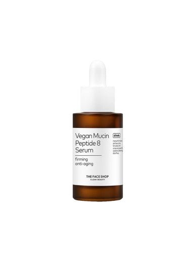 Amber glass dropper bottle of anti-wrinkle vegan mucin peptide serum with white label on white background