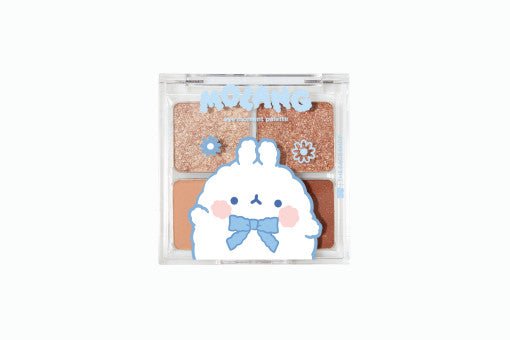 Compact makeup palette with four shimmering and matte neutral eyeshadow shades featuring a cute character design