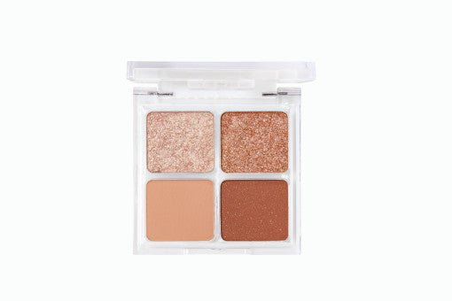 Compact eyeshadow palette with four warm-toned shades in matte and shimmer finishes in clear case