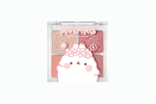 Compact eyeshadow palette with four shimmery and matte warm pink shades and cartoon character design on clear lid