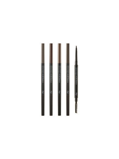 Set of slim eyebrow pencils with retractable tips and spoolie brushes for precise application on white background