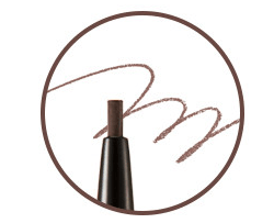 Close-up of slim eyebrow pencil tip with soft brown stroke demonstrating precise application on white background