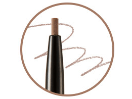 Close-up of a slim brow pencil tip with light brown color and a precise application line on white background
