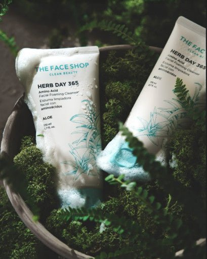 Two tubes of gentle foaming cleanser with aloe illustrations nestled in green moss and natural foliage background