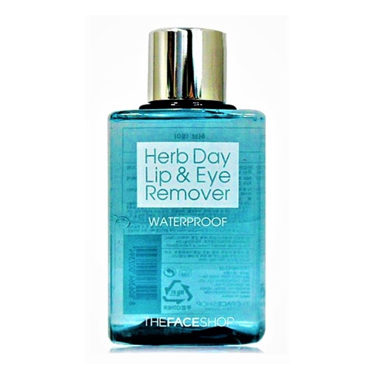 Transparent blue bottle of gentle waterproof lip and eye makeup remover with silver cap on white background