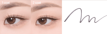 Close-up of eyes showing natural finish eyeliner applied in one and two coats with smooth grey brush pen stroke sample