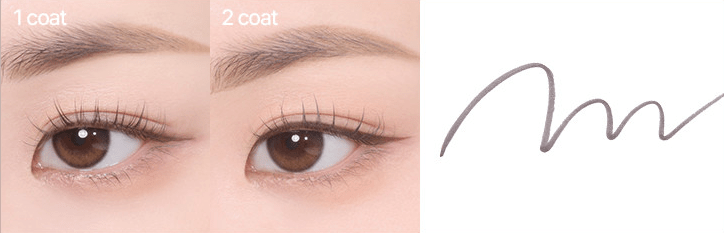 Close-up of eye with natural-looking shadow liner applied in one and two coats alongside brush pen eyeliner stroke sample