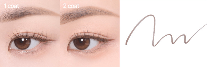 Close-up of eye showing natural finish eyeliner effect after one and two coats with soft brown liner stroke sample.