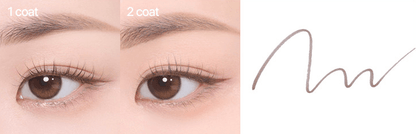 Close-up of eye showing natural finish eyeliner effect after one and two coats with soft brown liner stroke sample.