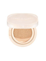 Open compact of slim fit cushion foundation with beige sponge applicator and light beige casing on white background