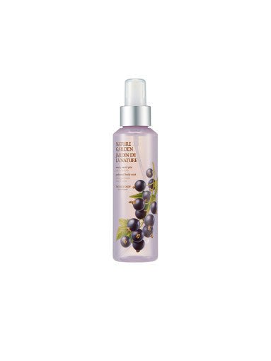 Transparent purple body mist bottle with blackcurrant illustration and silver spray cap against white background