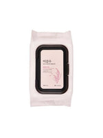 Pack of cleansing wipes with black flip-top lid and illustration of rice stalk on pale label
