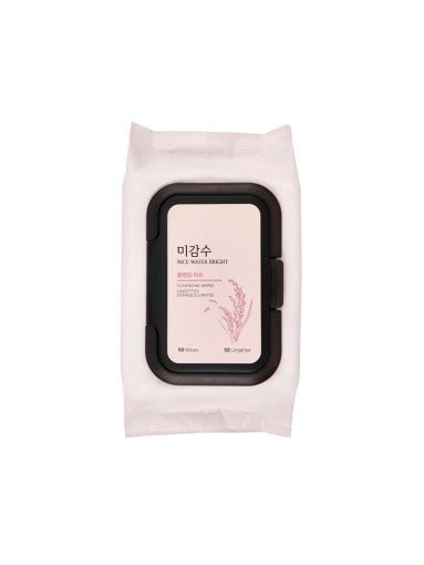 Pack of cleansing wipes with black flip-top lid and rice graphic on soft white packaging for thorough cleansing