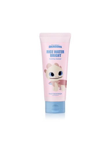 Pink tube of gentle facial foaming cleanser with dragon character design and blue flip cap for soft skin care benefits