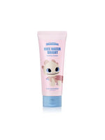 Pink tube of brightening facial foaming cleanser with blue cap and cartoon dragon illustration on white background