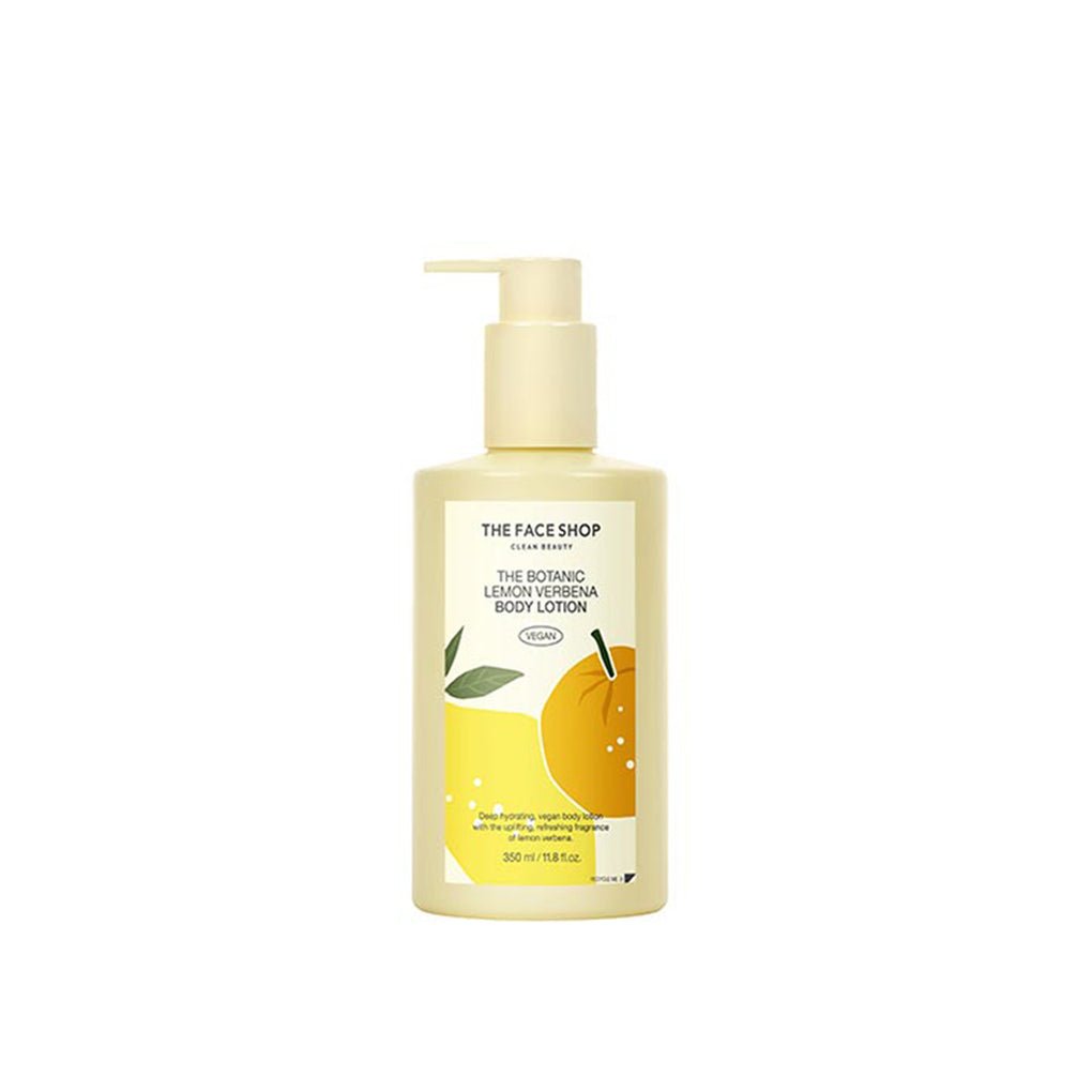 Pump bottle of lemon verbena body lotion with hydration benefits and bright yellow citrus design on white background