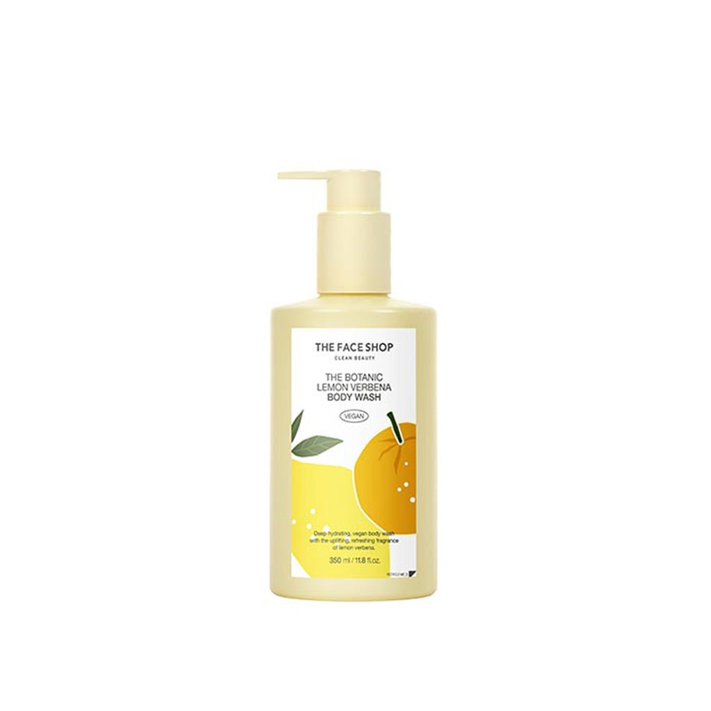 Pump bottle of lemon verbena body wash with hydrating formula and vibrant citrus illustration on white background