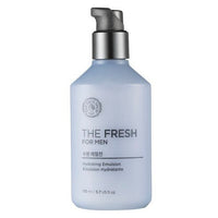 Frosted blue bottle of hydrating emulsion with pump dispenser designed for men's skincare hydration boost