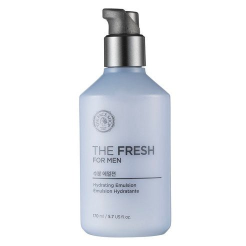 Frosted blue bottle of hydrating emulsion with pump dispenser designed for men's skincare hydration boost