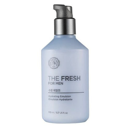 Frosted blue bottle of hydrating emulsion with pump dispenser designed for men's skincare hydration boost