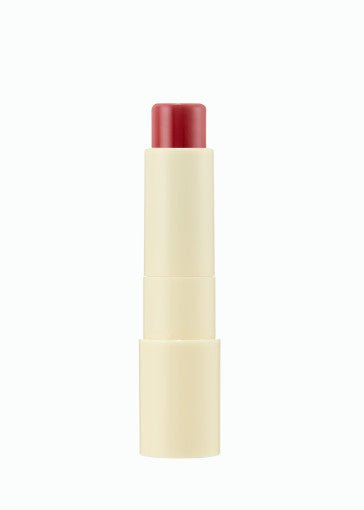 Creamy red vitamin sun lip balm stick with SPF 22 in simple beige packaging for a vibrant lip color boost