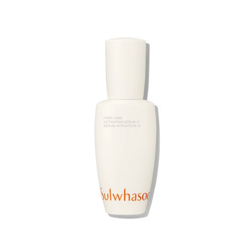 Minimalist white bottle of hydrating activating serum with subtle orange branding on clean white background