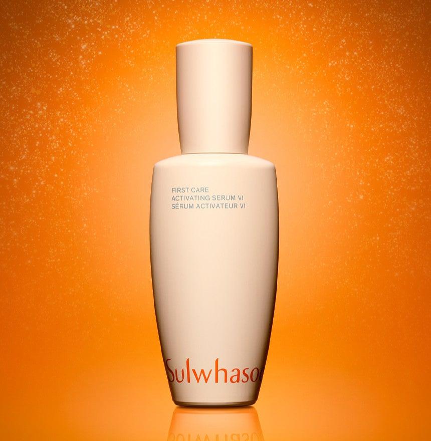 Minimalist beige serum bottle with subtle text and soft orange background suggesting moisture retention benefits