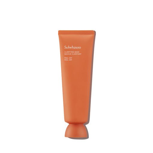 Orange tube of Sulwhasoo peel-off clarifying mask with matte finish on plain white background